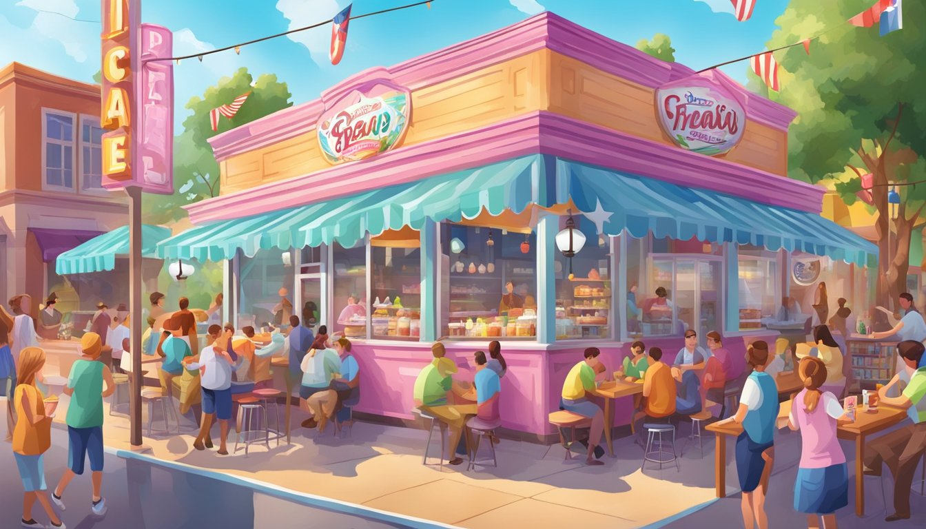 A colorful ice cream parlor with Texas-themed flavors and innovative toppings, surrounded by bustling crowds and vibrant signage