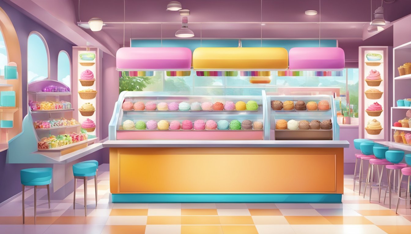 A colorful ice cream shop with unique flavors and innovative serving methods