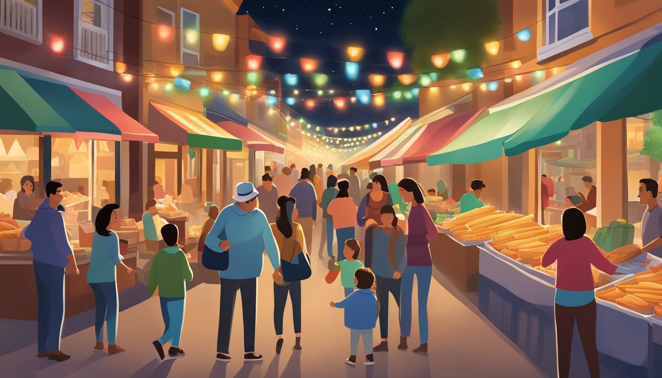 A bustling Texan street lined with colorful tamales stands and twinkling holiday lights, with families and friends enjoying festive traditions