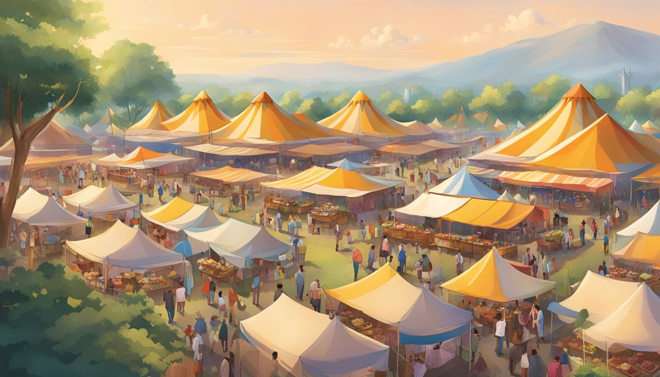 Colorful tents line the festival grounds, each offering a unique dining experience. The aroma of sizzling meats and fresh baked goods fills the air, enticing visitors to indulge in the variety of delicious cuisines available