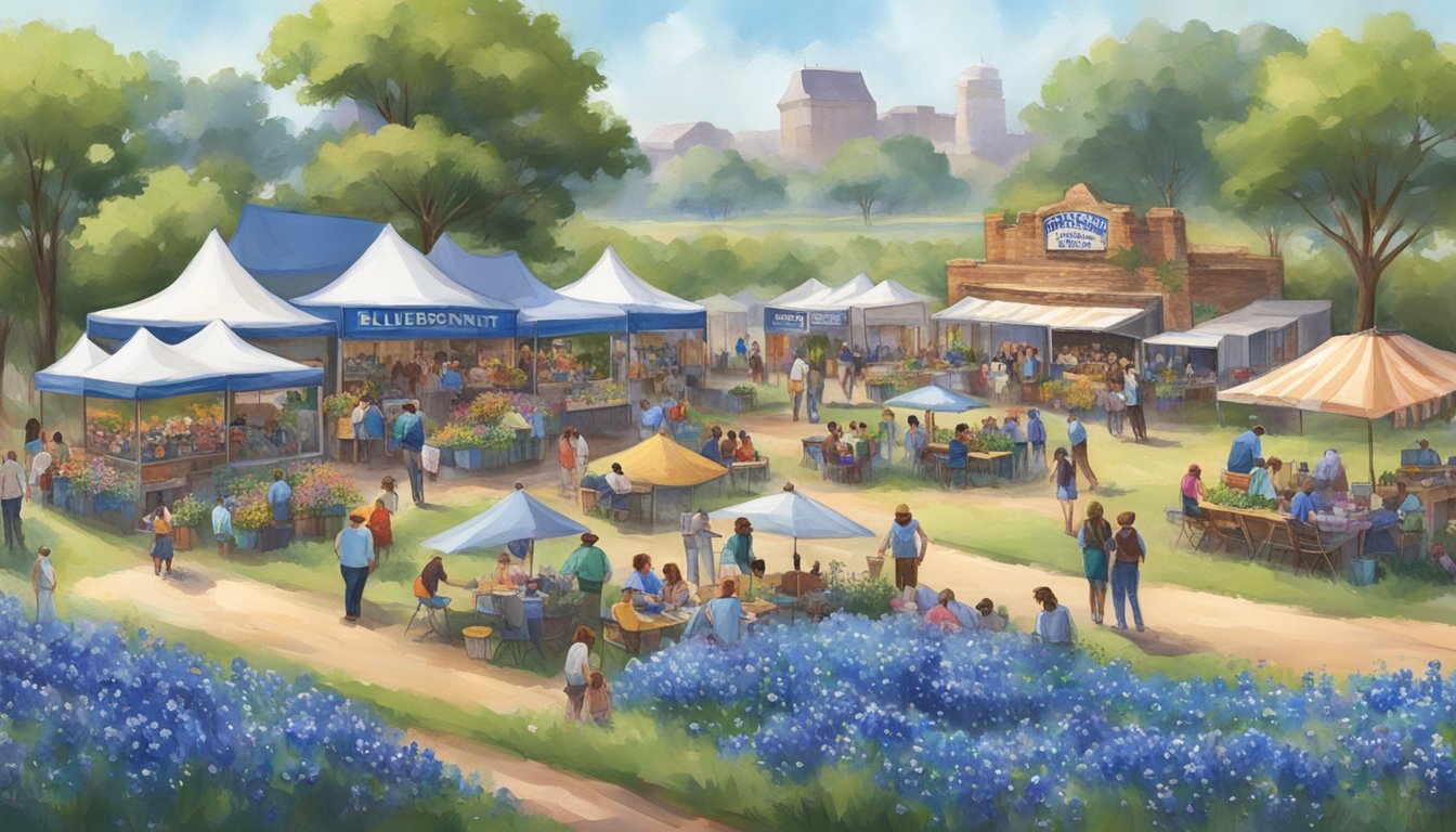 The Bluebonnet Festival bustles with food vendors and outdoor dining areas, surrounded by fields of vibrant bluebonnet flowers