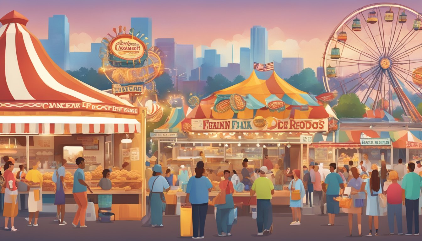 A bustling state fair scene with vendors selling iconic Texan food staples like corn dogs, funnel cakes, and deep-fried everything, with a modern twist on traditional recipes and innovative food creations