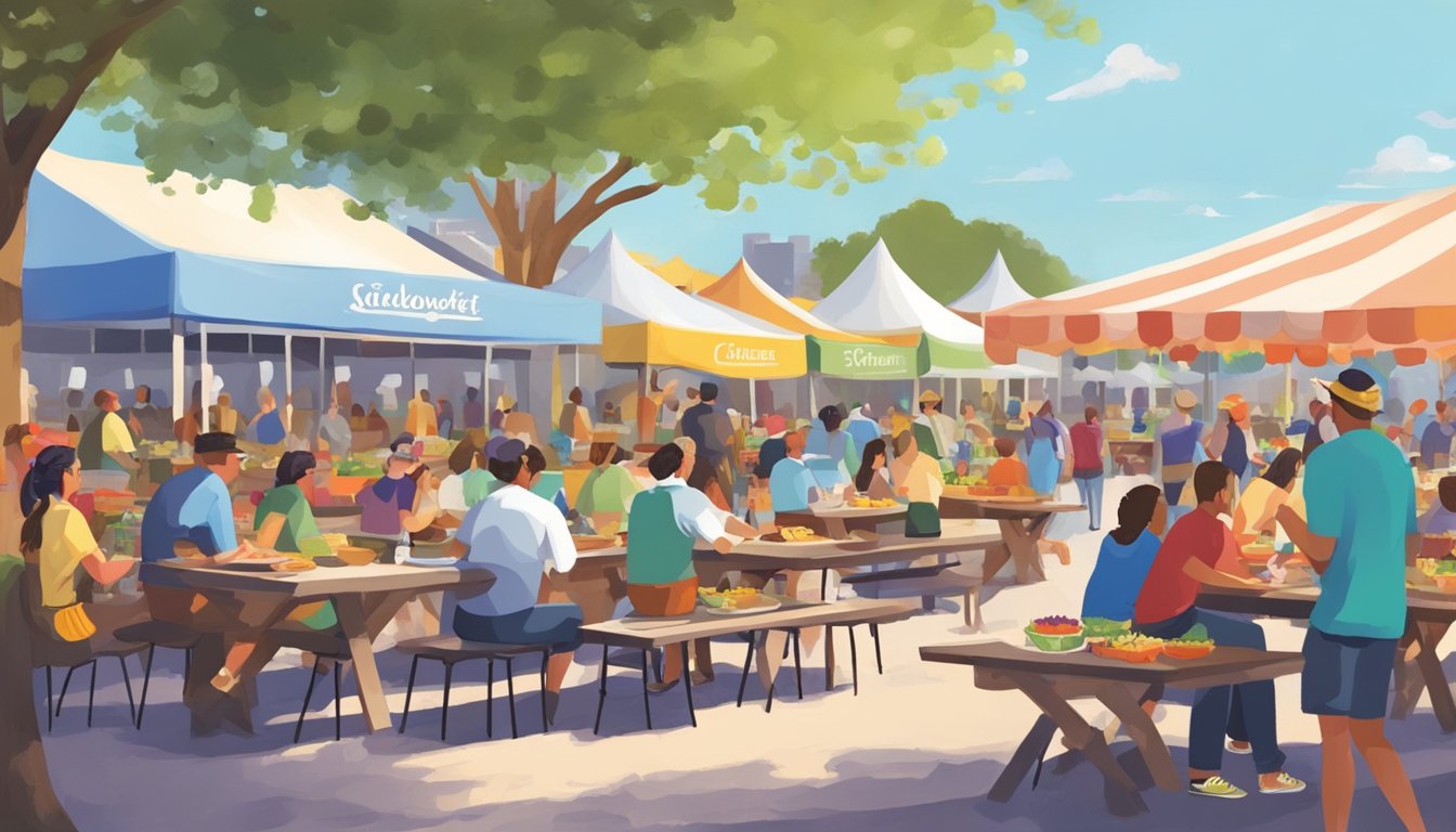 People enjoying local cuisine at outdoor tables during the Bluebonnet Festival. Colorful food stalls and festival decorations create a lively atmosphere