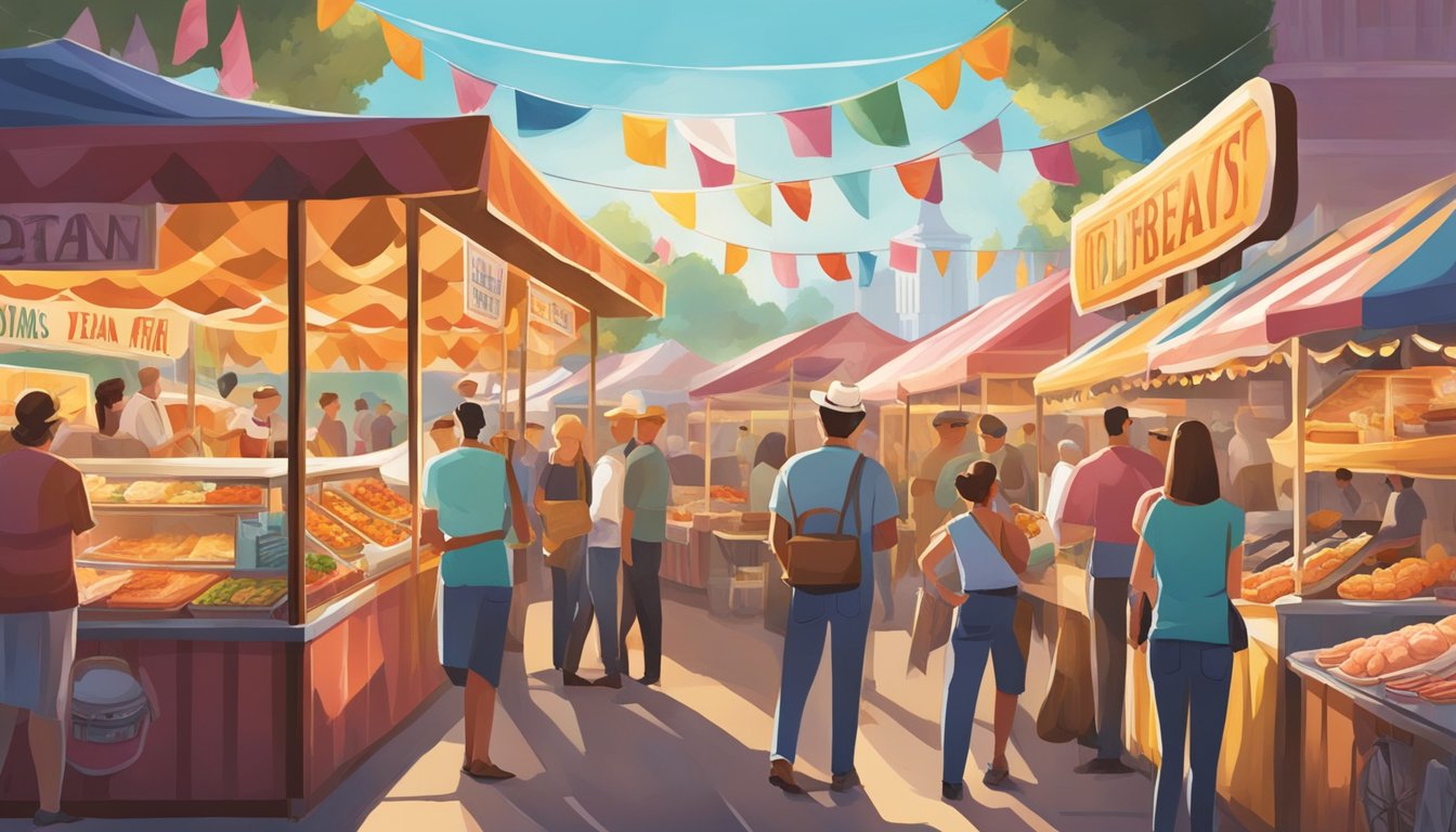 Colorful food stalls line the fairgrounds, offering unique Texan twists on classic fair delicacies. The aroma of sizzling meats and sweet treats fills the air