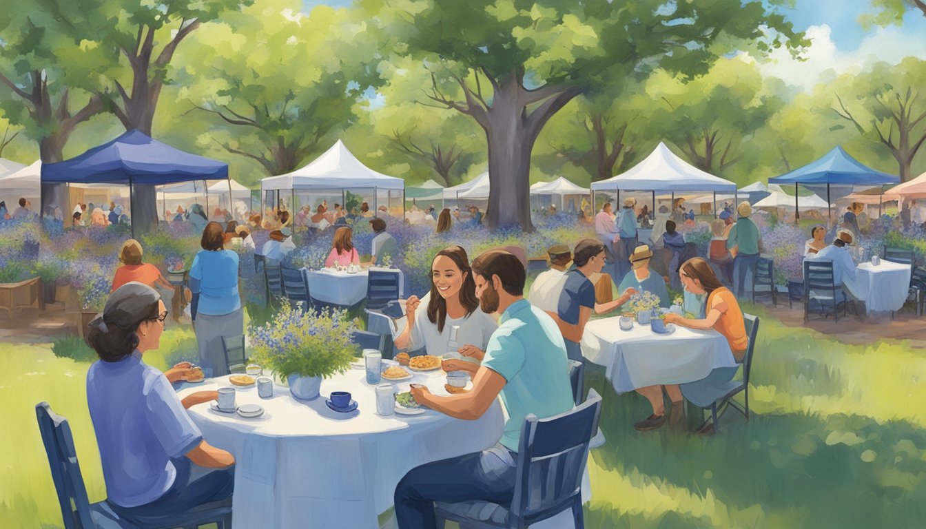 People dining at outdoor tables surrounded by blooming bluebonnets at the festival