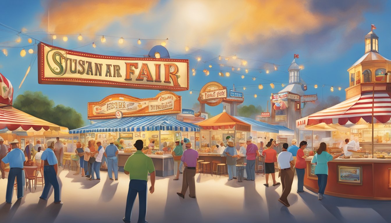 A bustling Texan state fair booth showcases innovative culinary creations with a unique Texan twist, highlighting the craftsmanship of the chefs