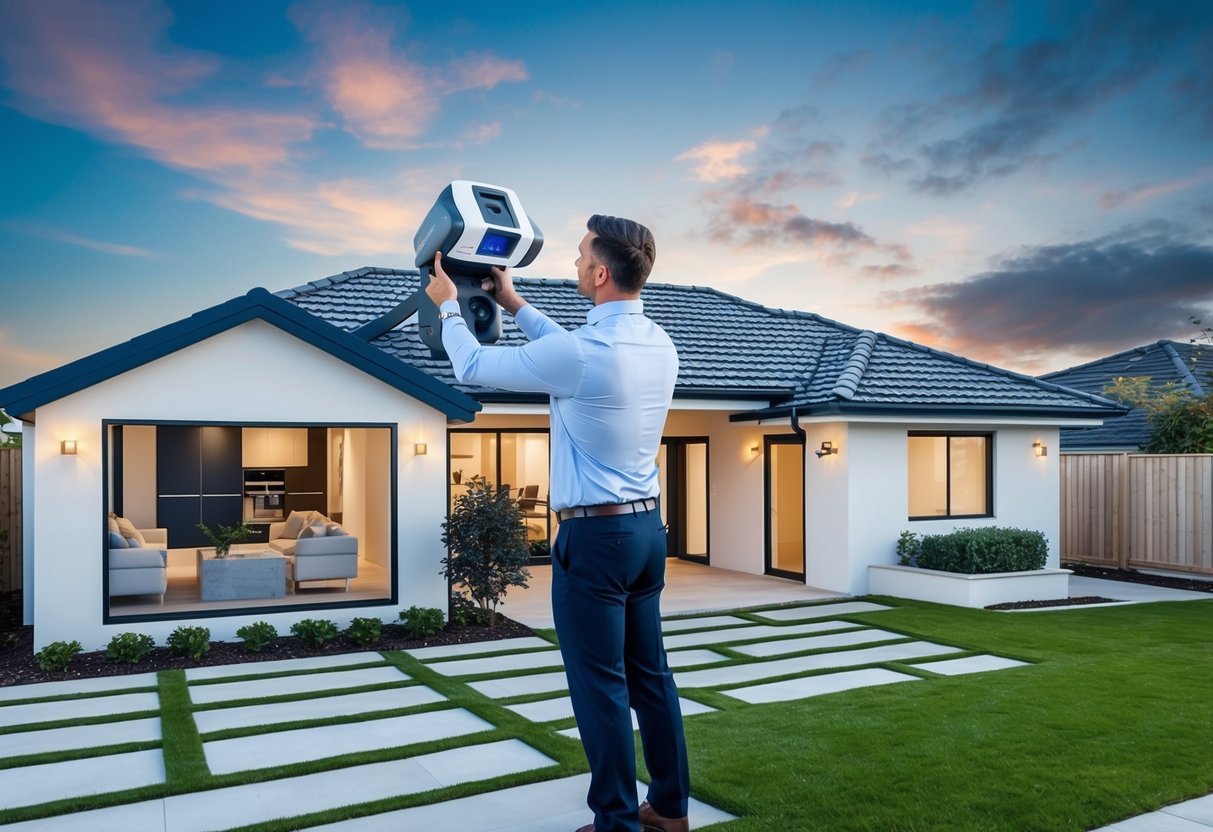 A real estate agent using high-quality 3D scanning to capture detailed images of a property interior and exterior, showcasing its features and layout