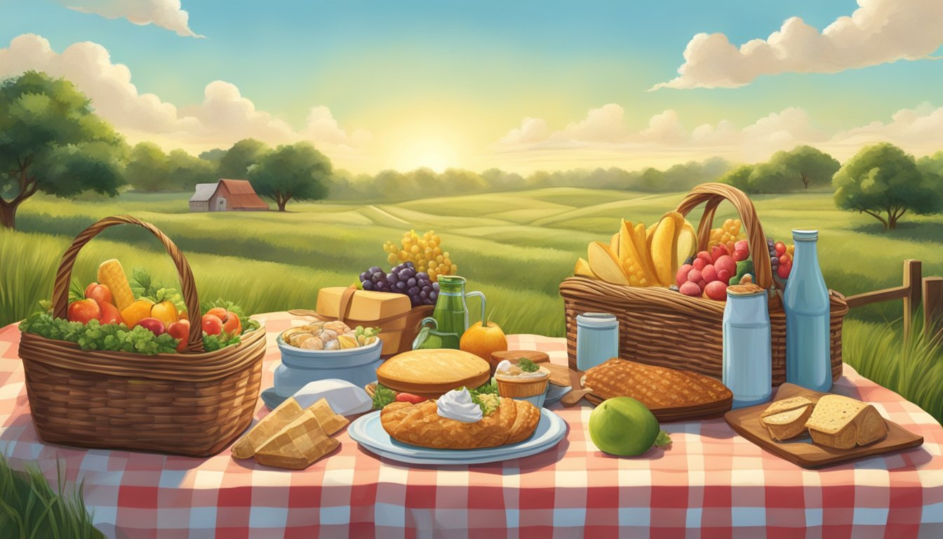 A lush, sun-dappled meadow in Texas, adorned with a checkered blanket, overflowing picnic basket, and a spread of gourmet delicacies