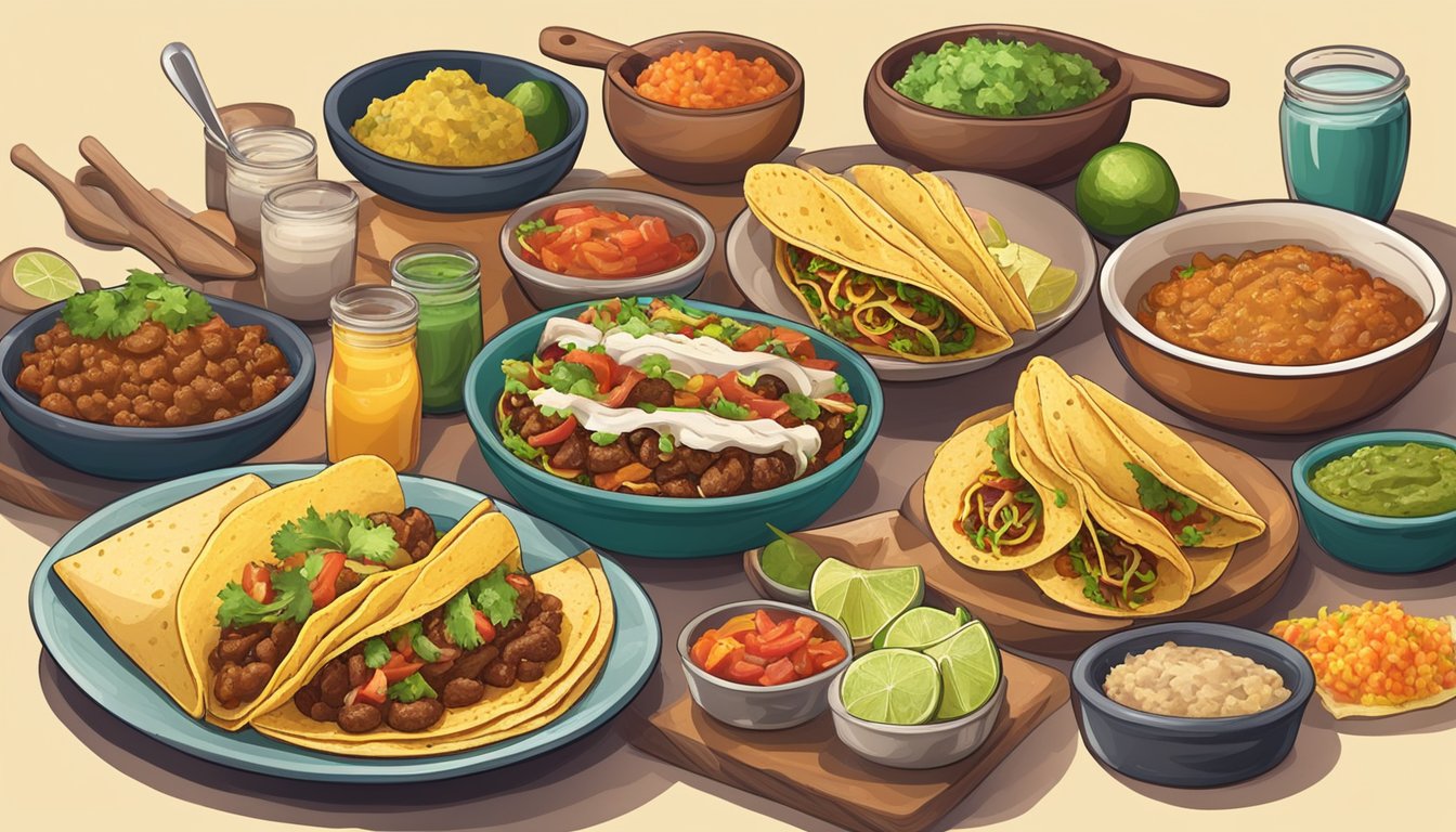 A table with a spread of tacos and chalupas, surrounded by various ingredients and serving utensils