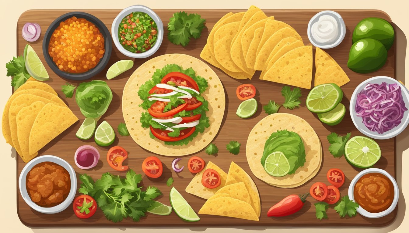 A colorful spread of taco and chalupa ingredients arranged on a wooden cutting board, including fresh vegetables, seasoned meats, and various toppings