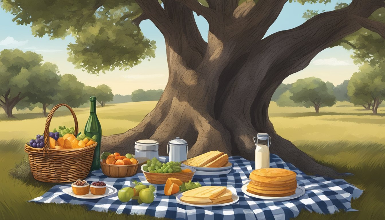 A rustic picnic spread under a sprawling oak tree in the Texas Hill Country, complete with a checkered blanket, wicker basket, and gourmet food and drink