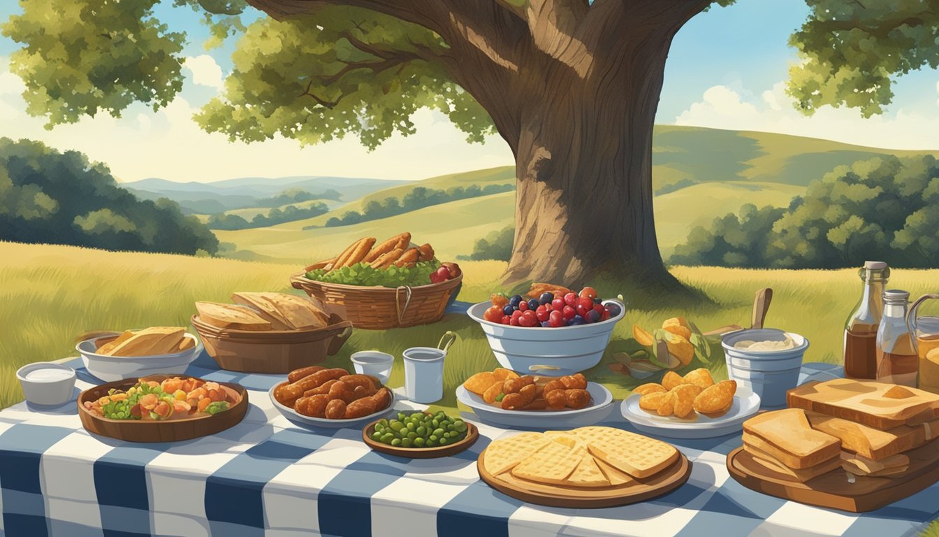 A rustic picnic spread with Texas-style gourmet dishes under a shady oak tree, with a backdrop of rolling hills and blue skies