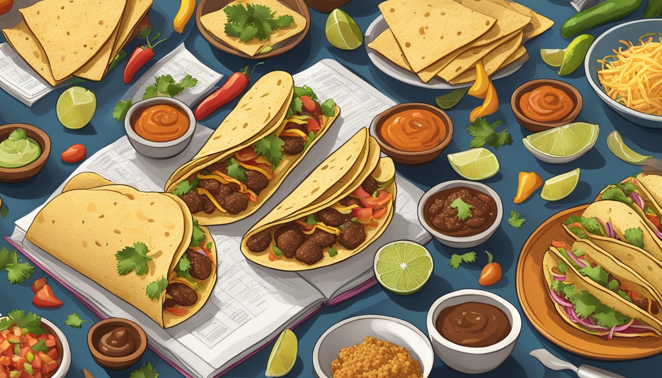 A table with a spread of tacos and chalupas, surrounded by ingredients and recipe books