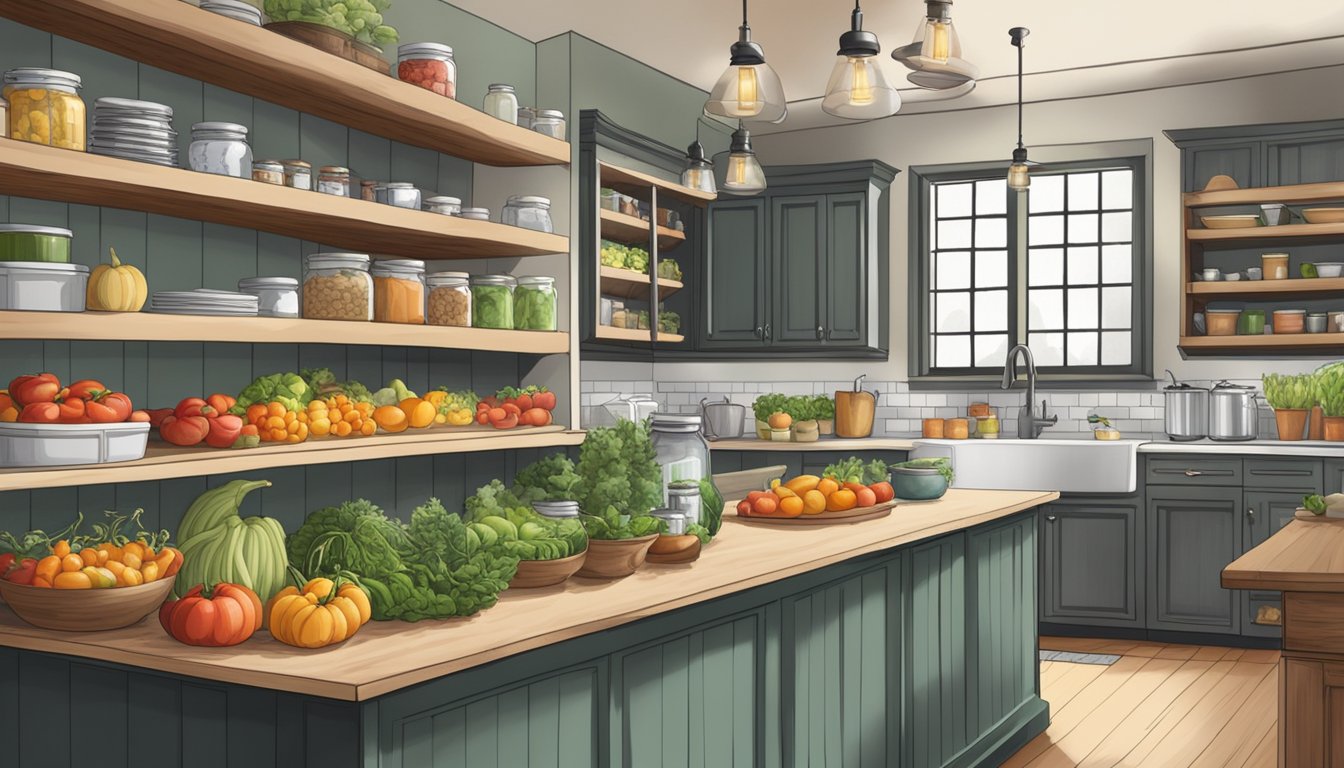 A cozy kitchen with shelves stocked with jars, fresh produce on the counter, and a welcoming sign for a home food business in Texas