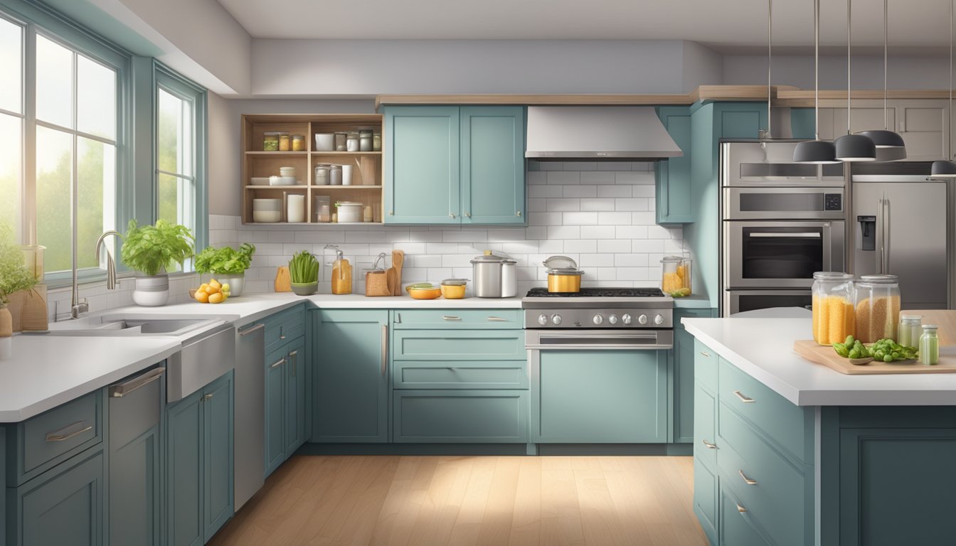 A home kitchen with clean surfaces, labeled ingredients, and proper storage for food products