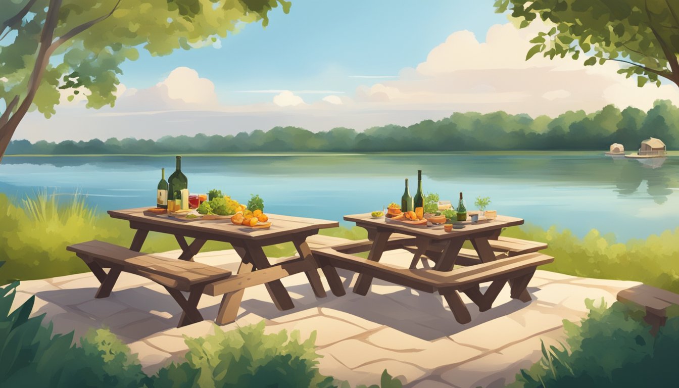 A serene lakeside with lush greenery, a rustic picnic table, and a spread of gourmet food and wine under the warm September sun in Texas