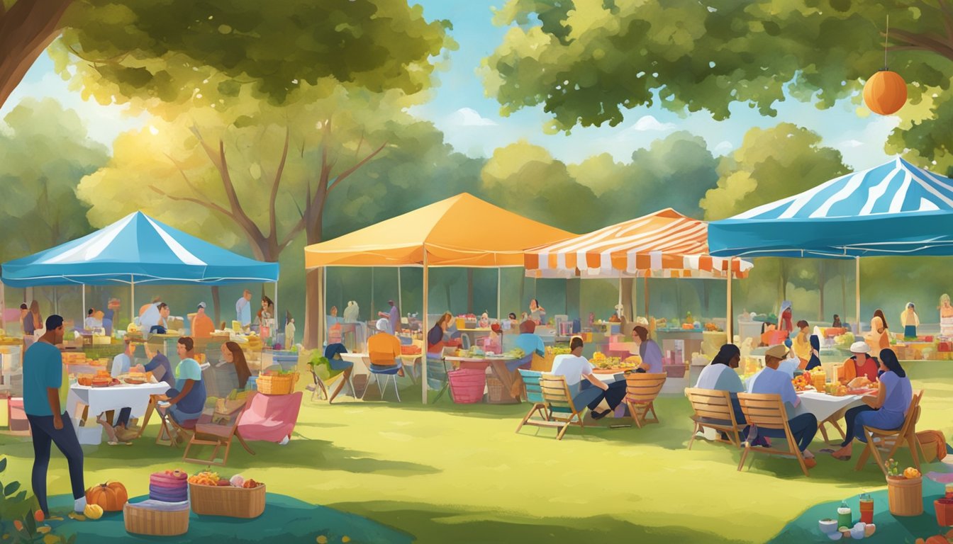 A sunny Texas park with colorful picnic blankets, baskets overflowing with gourmet food, and families enjoying seasonal events and festivals in September