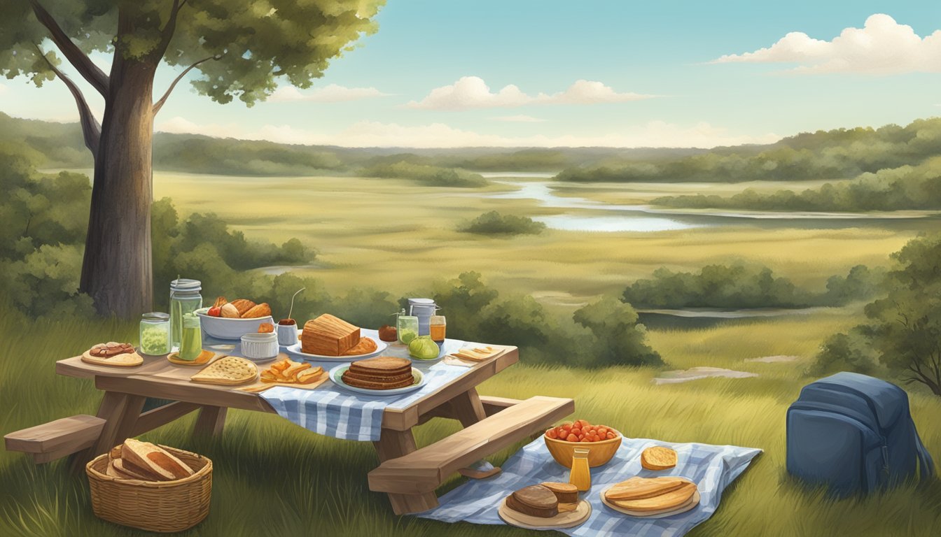 A serene Texas landscape with a gourmet picnic spread, surrounded by untouched nature and adhering to Leave No Trace principles