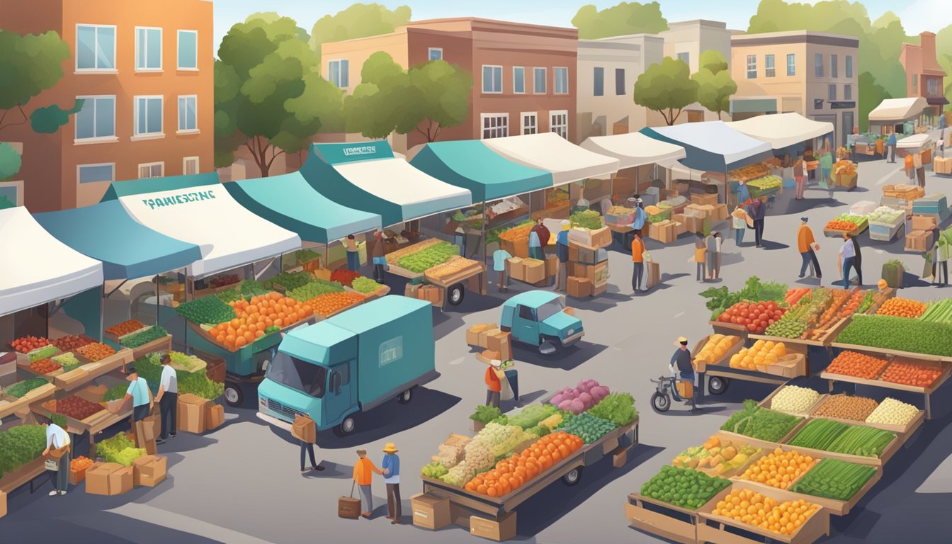 A bustling farmer's market with vendors selling homemade goods and produce, while delivery trucks line up to transport products to various locations