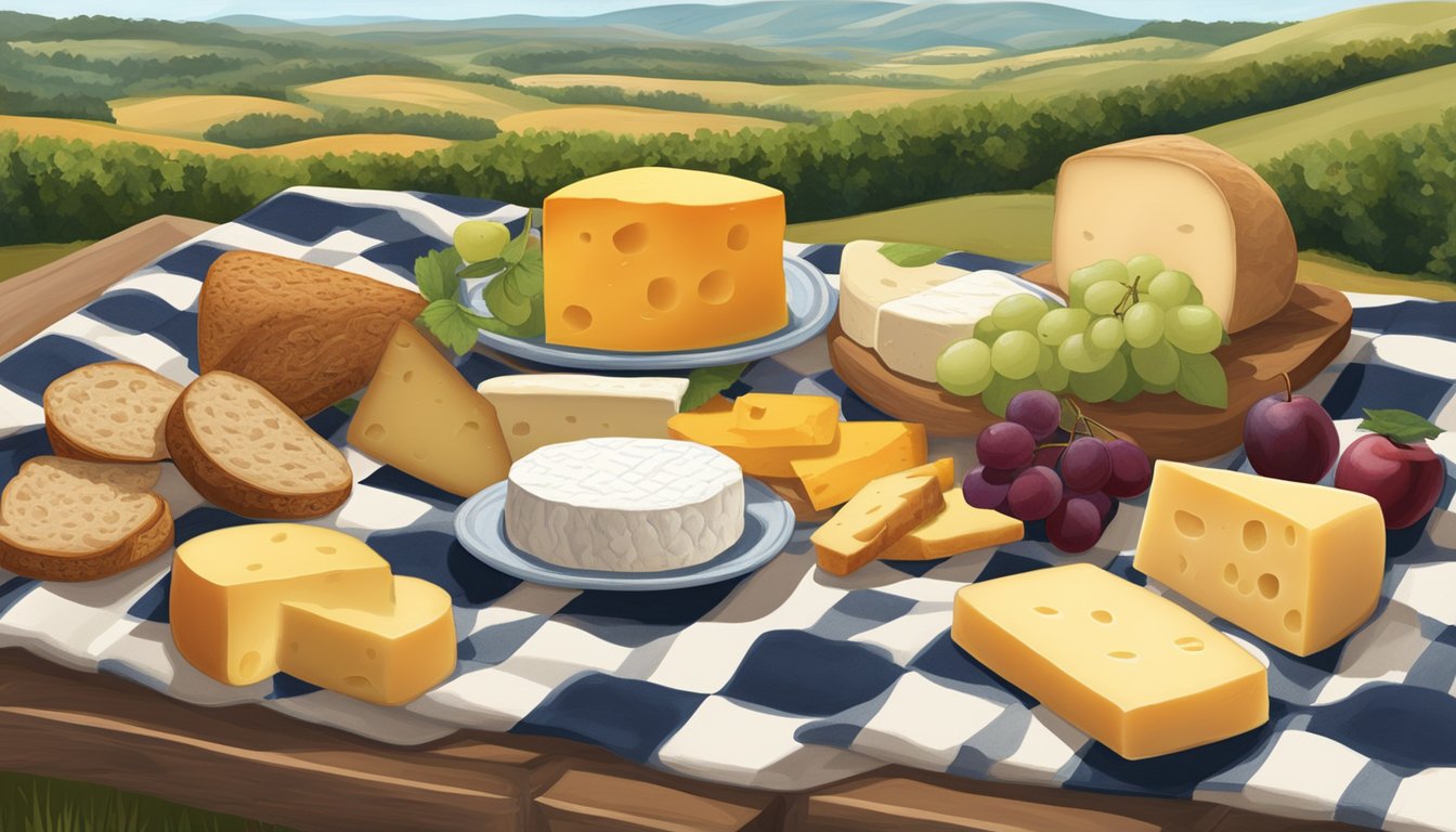 A spread of local cheeses, fruits, and artisanal breads laid out on a checkered blanket, surrounded by the rolling hills of a Texas countryside