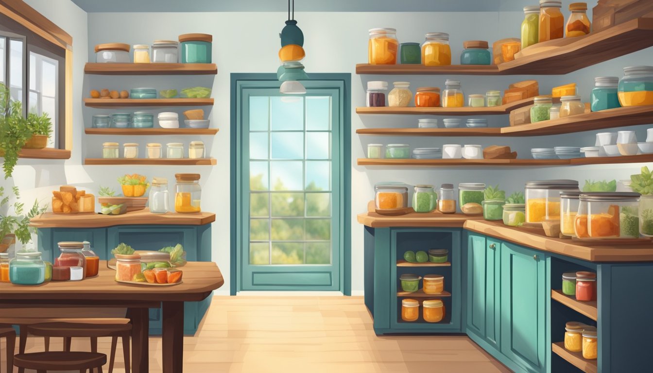 A cozy kitchen with shelves stocked with homemade goods and a table set with jars of preserves and baked treats