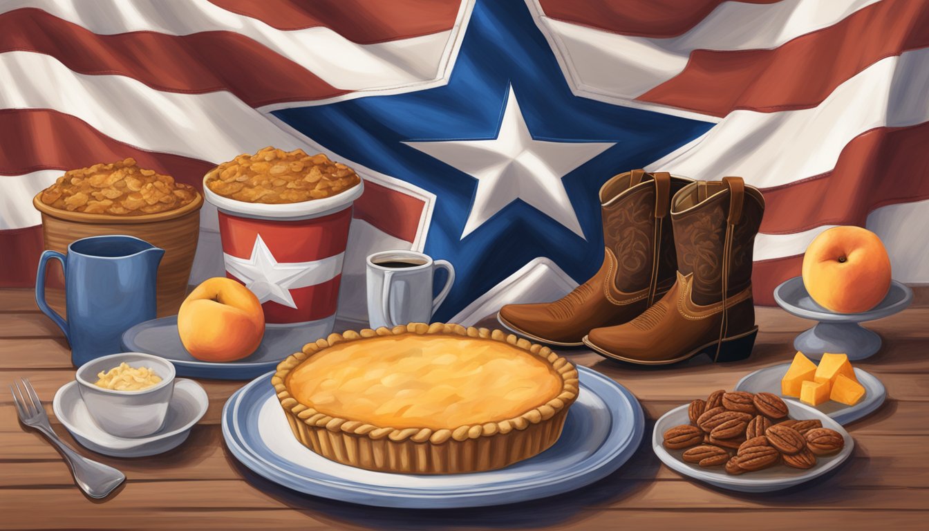 A table adorned with pecan pie, peach cobbler, and blueberry cobbler, surrounded by cowboy boots and a lone star flag