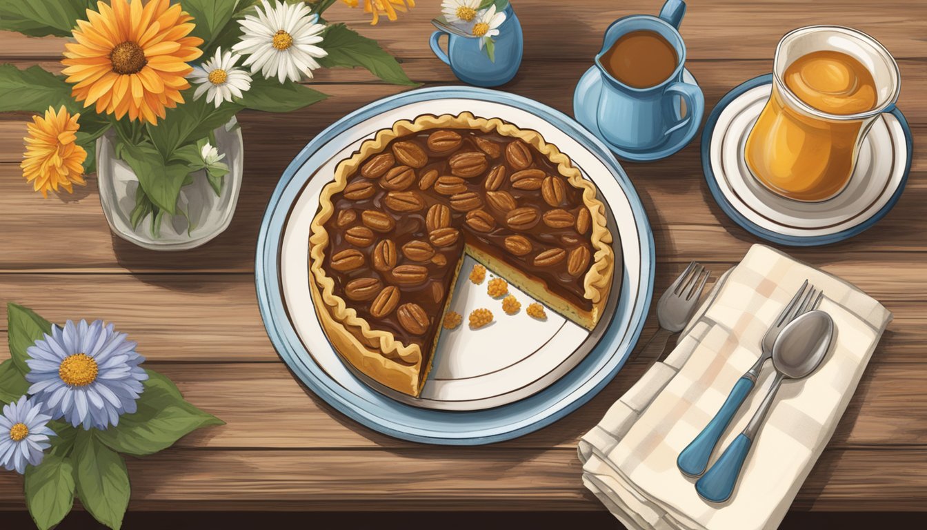 A rustic table set with pecan pie, peach cobbler, and a slice of Texas sheet cake, surrounded by wildflowers and cowboy boots