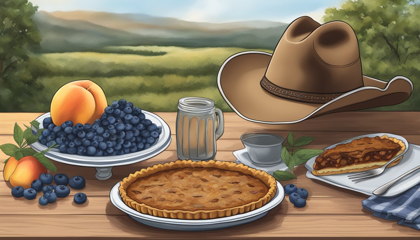 A table set with pecan pie, peach cobbler, and blueberry cobbler, surrounded by Texas wildflowers and a lone cowboy hat