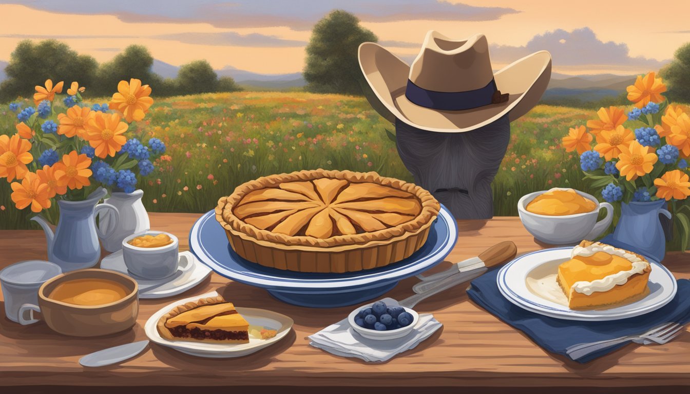 A table filled with pecan pie, peach cobbler, and blueberry buckle, surrounded by Texas wildflowers and a lone cowboy hat