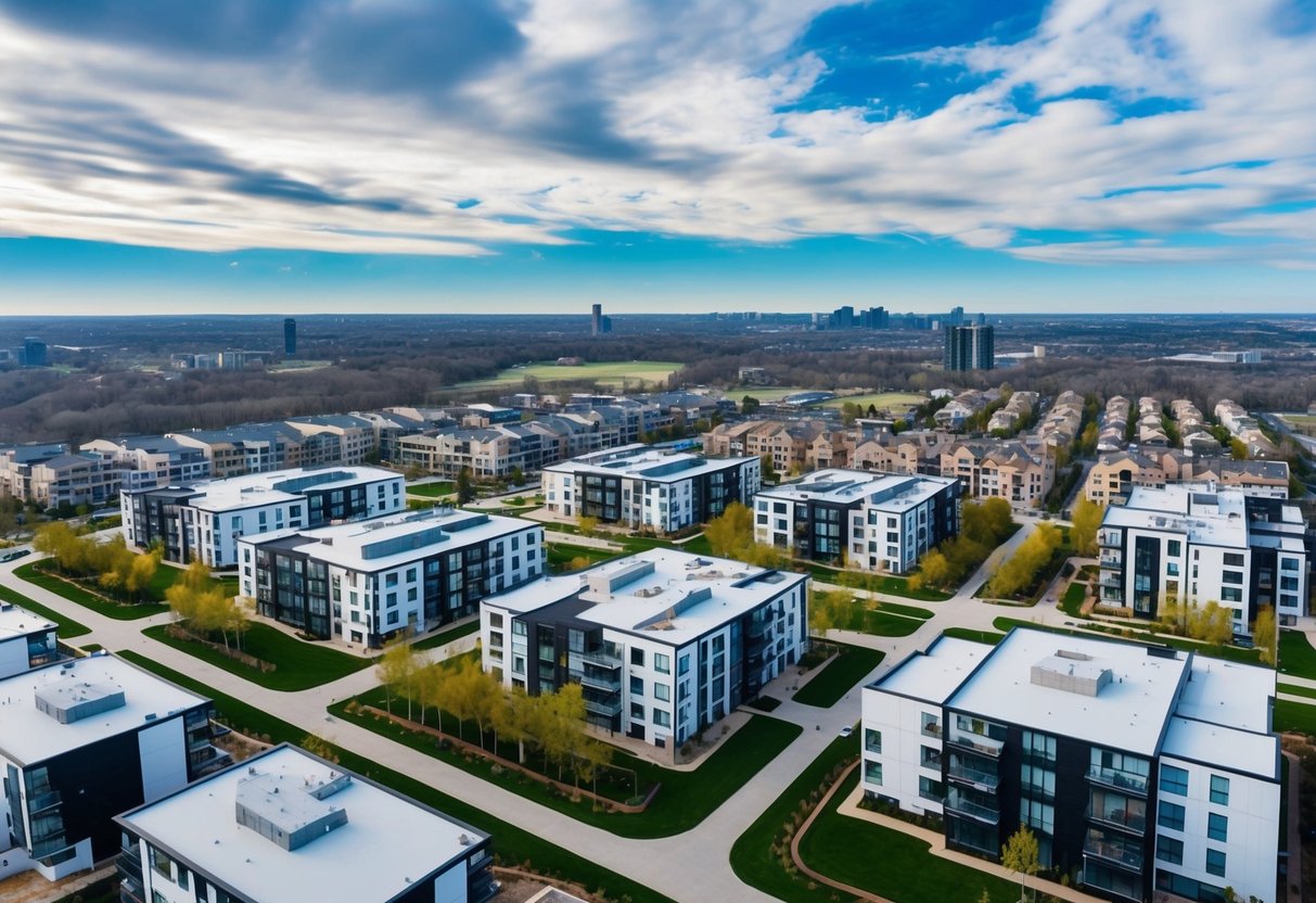 Aerial view of a modern cityscape with residential and commercial properties, showcasing the proximity to amenities and natural surroundings