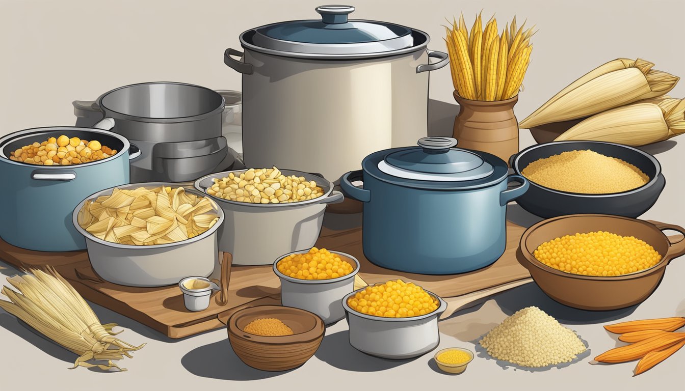 A table filled with masa, corn husks, and various fillings, surrounded by pots and pans for steaming