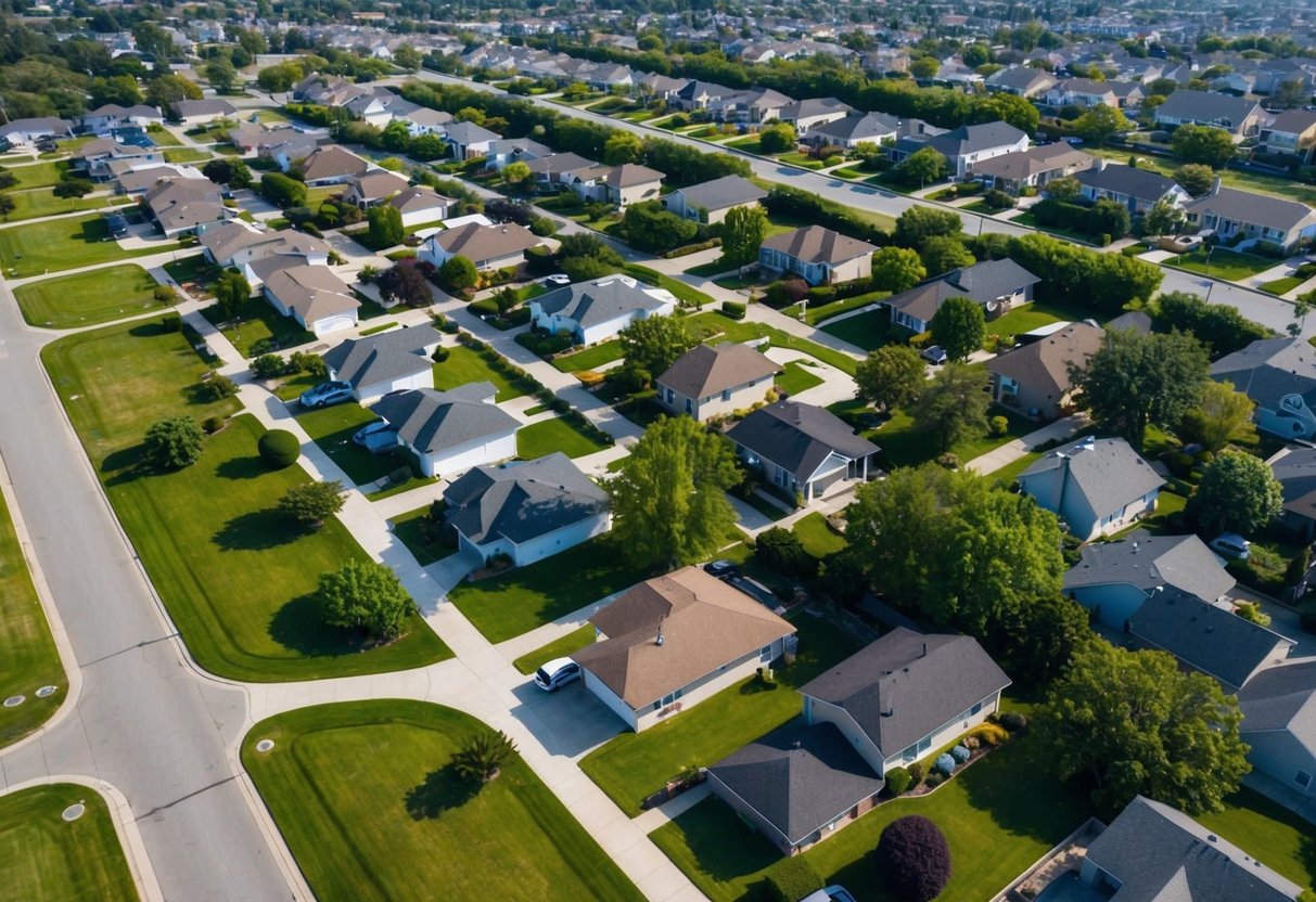 Aerial view of a suburban neighborhood with houses, streets, and green spaces, captured from above at a slight angle to showcase the layout and features of the area