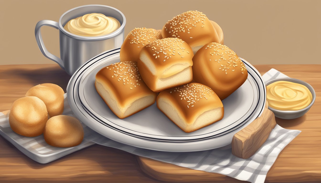 A basket of warm, golden Texas Roadhouse rolls sits next to a dish of creamy, whipped butter, inviting and tempting