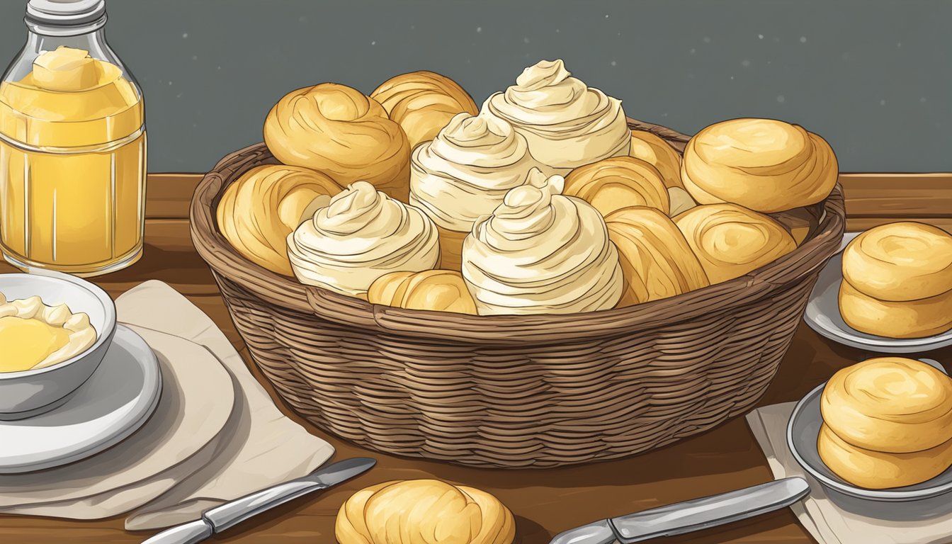 A wooden basket filled with freshly whipped butter, surrounded by warm, golden rolls. A pat of butter sits atop a knife, ready to be spread