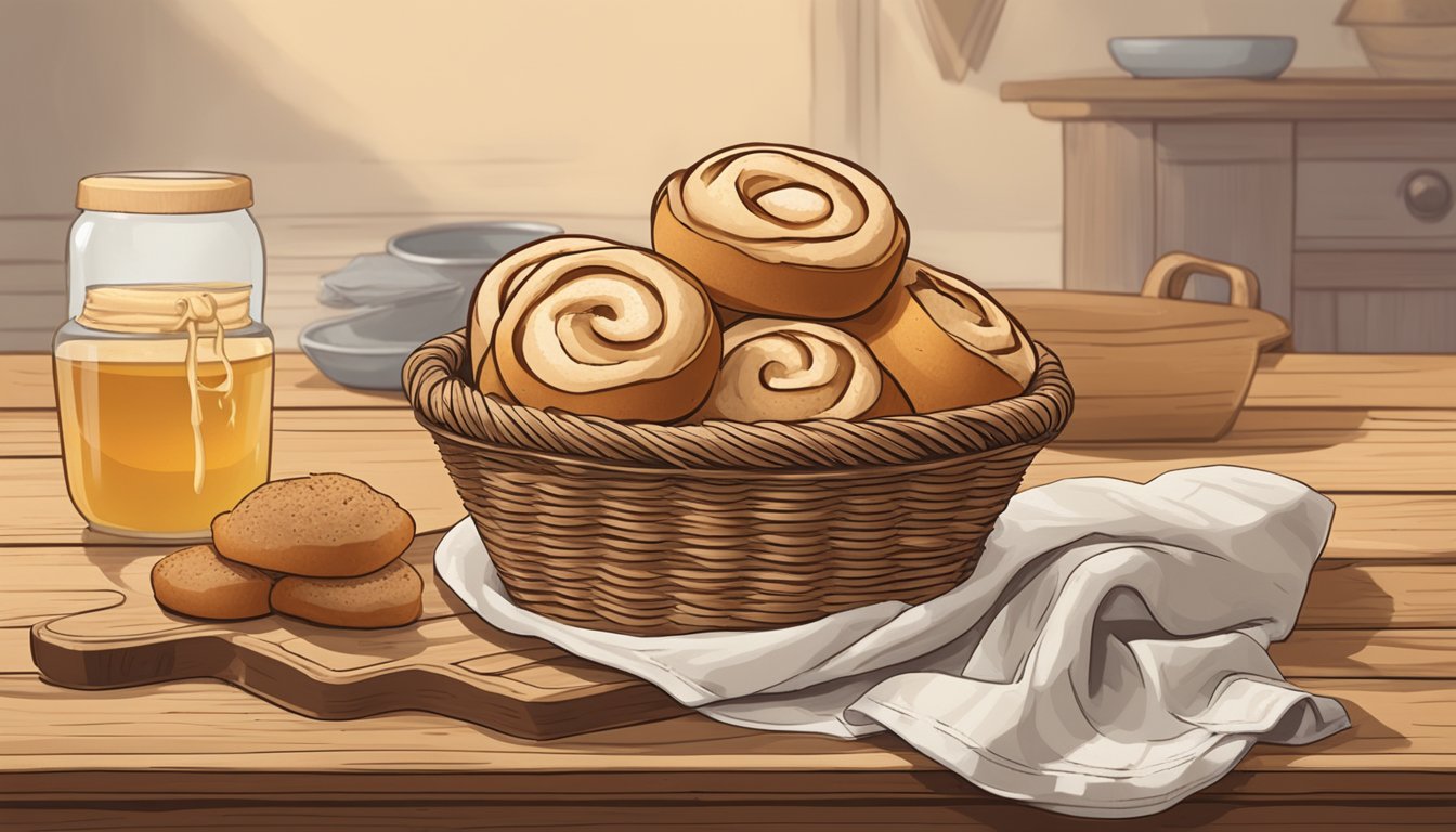 A wooden basket filled with freshly baked rolls, accompanied by a ramekin of creamy, whipped honey cinnamon butter, sits on a rustic table