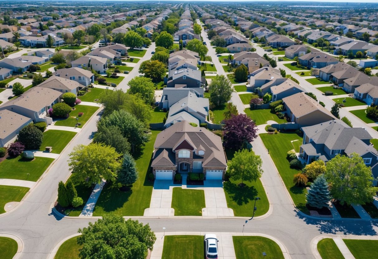 Aerial view of a suburban neighborhood with a mix of houses, streets, and green spaces, showcasing the benefits of aerial photography in real estate marketing