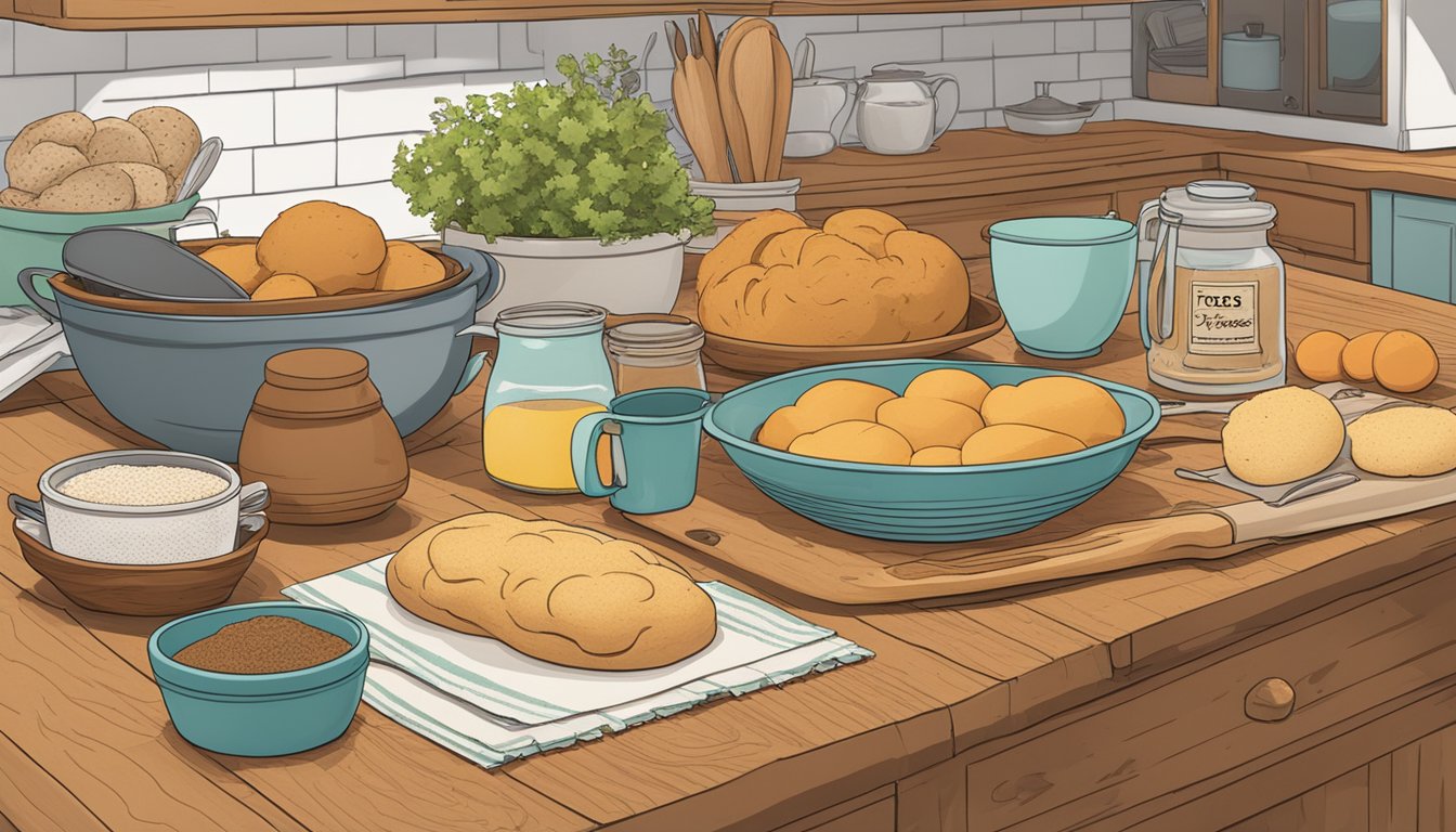 A cozy kitchen with various baking ingredients and utensils laid out on a wooden countertop, with a printed copy of the Texas Cottage Food Law displayed nearby