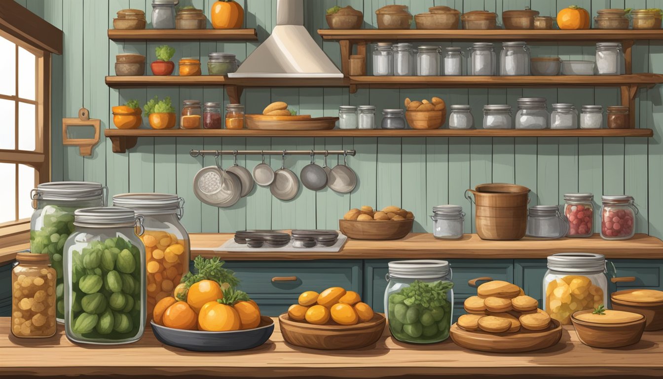 A rustic kitchen with fresh produce, jars of preserves, and baked goods displayed on a wooden table. A sign with "Texas Cottage Food Law" prominently displayed