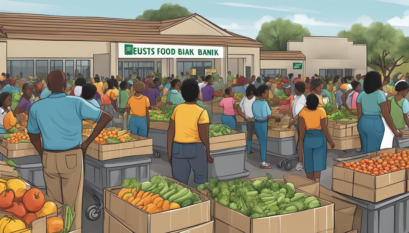 A bustling Texas food bank overflows with fresh produce and canned goods, while a banner celebrates Black History Month