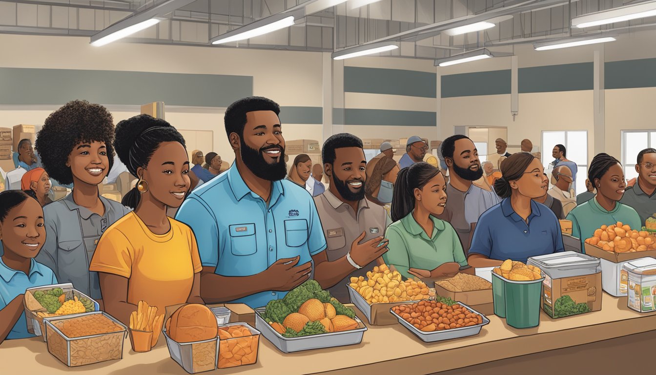 A diverse group of people gather at the Texas Food Bank, engaging in activities to celebrate Black History Month and promote continuous support and development