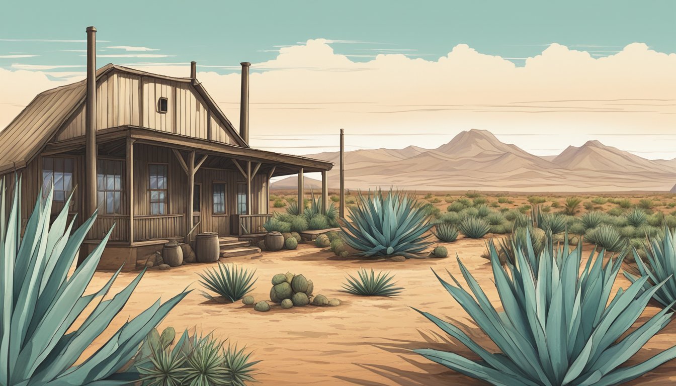 A desert landscape with agave-like sotol plants growing in the foreground, a rustic distillery in the background, and a Texas flag flying in the distance