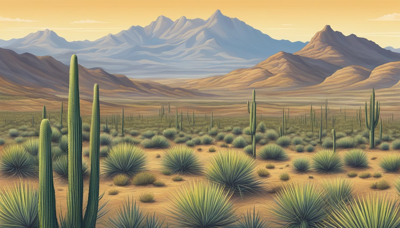 A vast Texas desert landscape with rugged mountains in the background, showcasing the natural habitat of the sotol plant