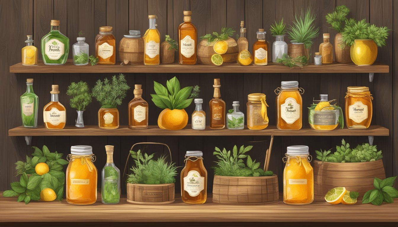 A rustic wooden bar adorned with jars of golden Texas honey, surrounded by fresh herbs, citrus fruits, and bottles of premium spirits