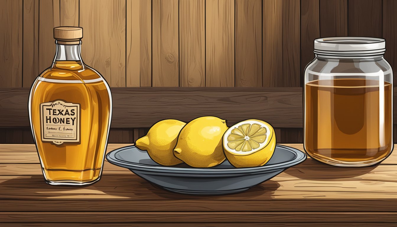 A jar of Texas honey sits next to a bottle of bourbon and a bowl of fresh lemons on a rustic wooden bar counter