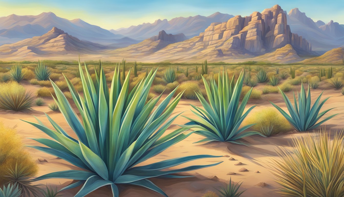 A vibrant desert landscape with sotol plants thriving in the arid terrain of Texas, showcasing the beauty and resilience of this sustainable resource