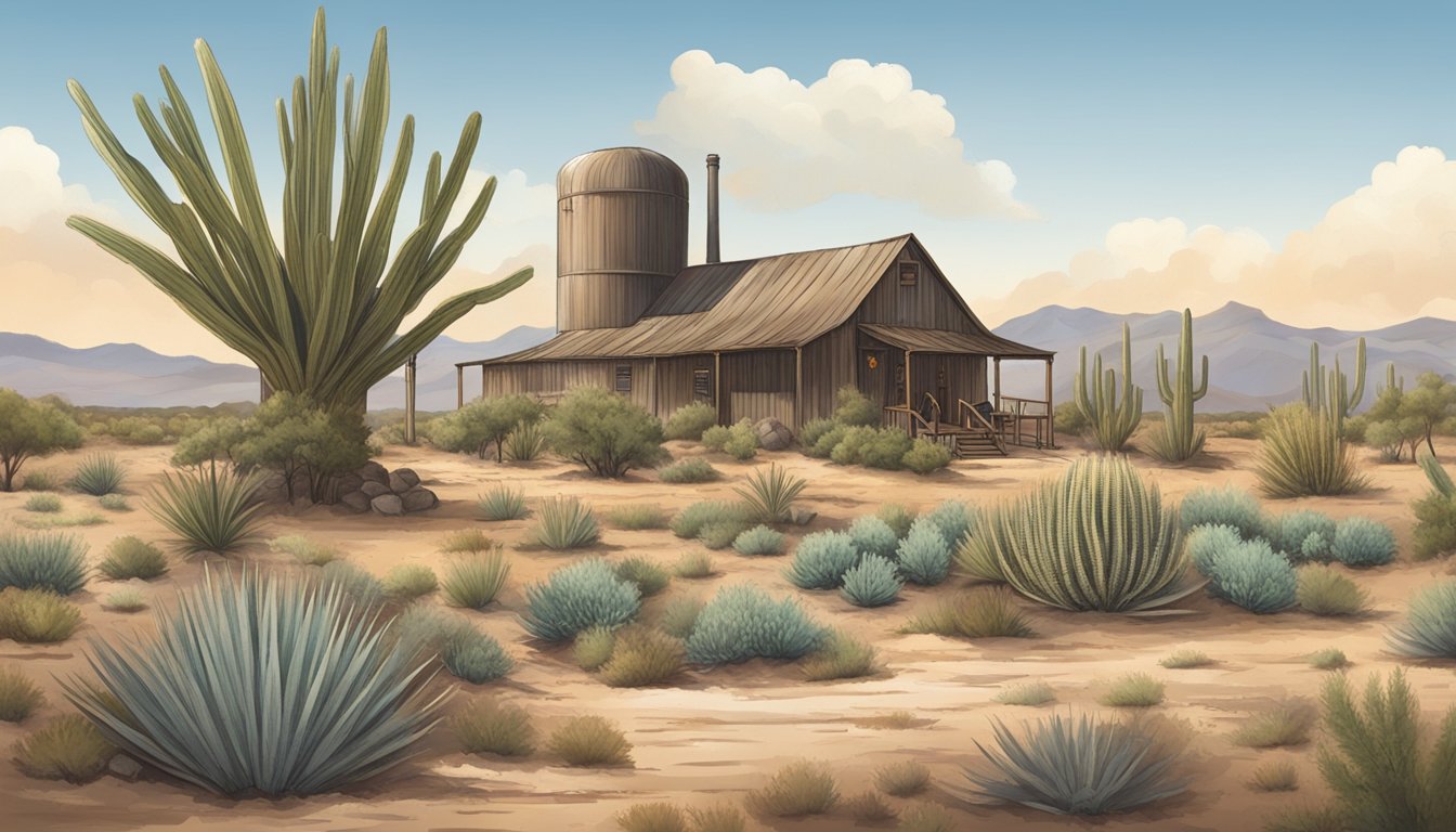 A rustic Texas landscape with desert plants and a distillery showcasing the production of sotol