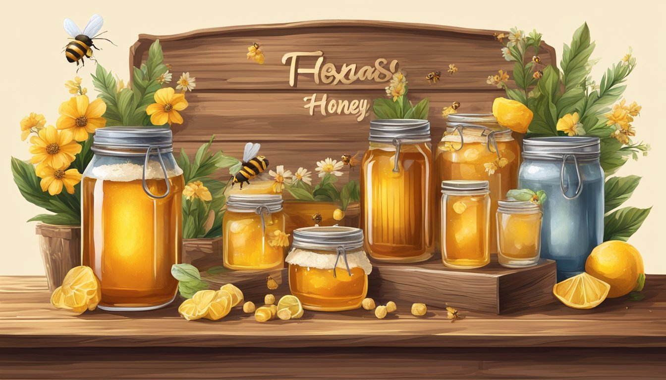 A rustic wooden bar adorned with jars of golden Texas honey, surrounded by colorful cocktail ingredients and buzzing bees