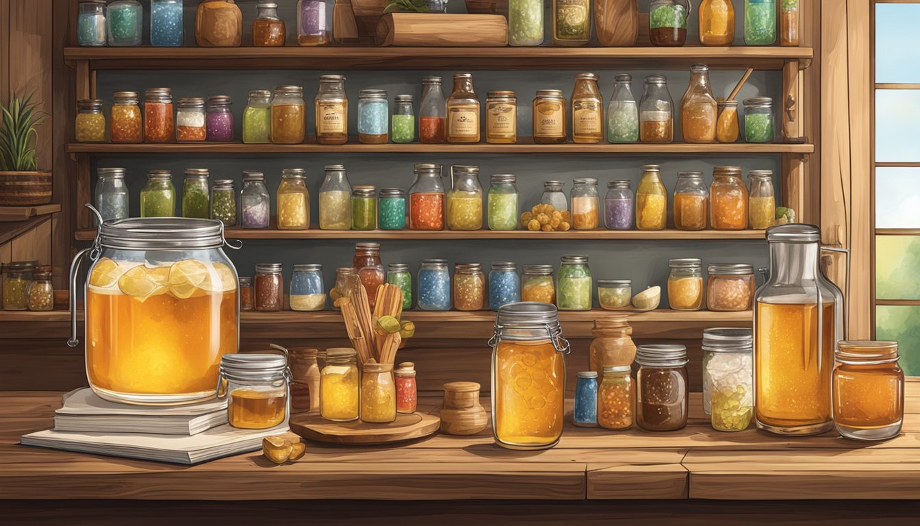 A rustic wooden bar with jars of Texas honey and various cocktail ingredients, surrounded by innovative recipe books