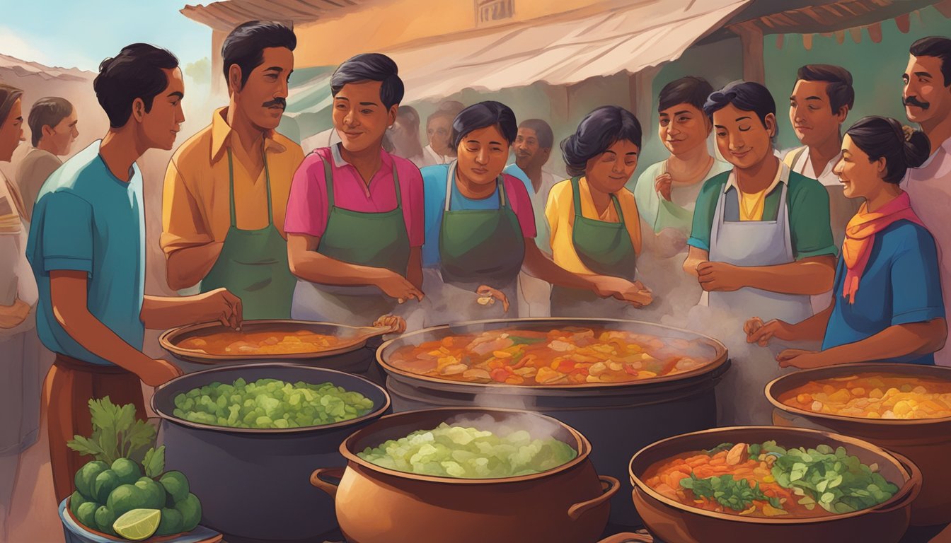 A group of people gather around a large pot of simmering stew, with aromatic steam rising and colorful ingredients visible. A traditional Mexican market setting adds to the historical origins of birria