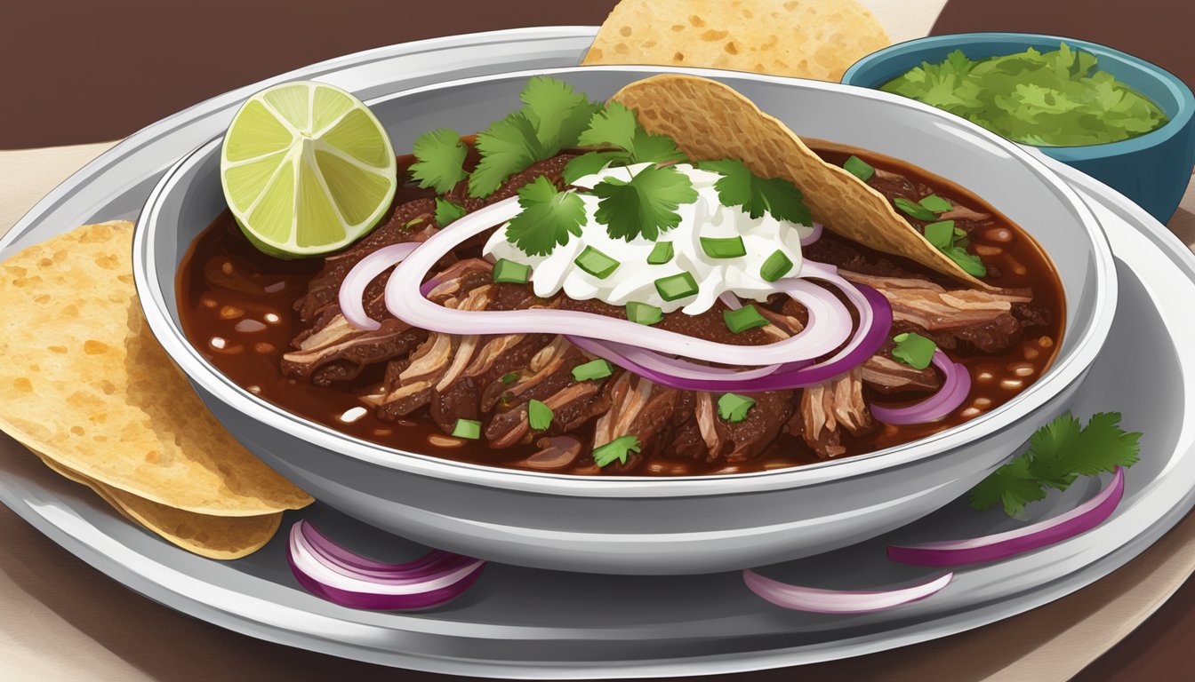 A steaming plate of birria tacos with rich, red broth and tender, shredded meat, topped with onions and cilantro, served with a side of consommé for dipping